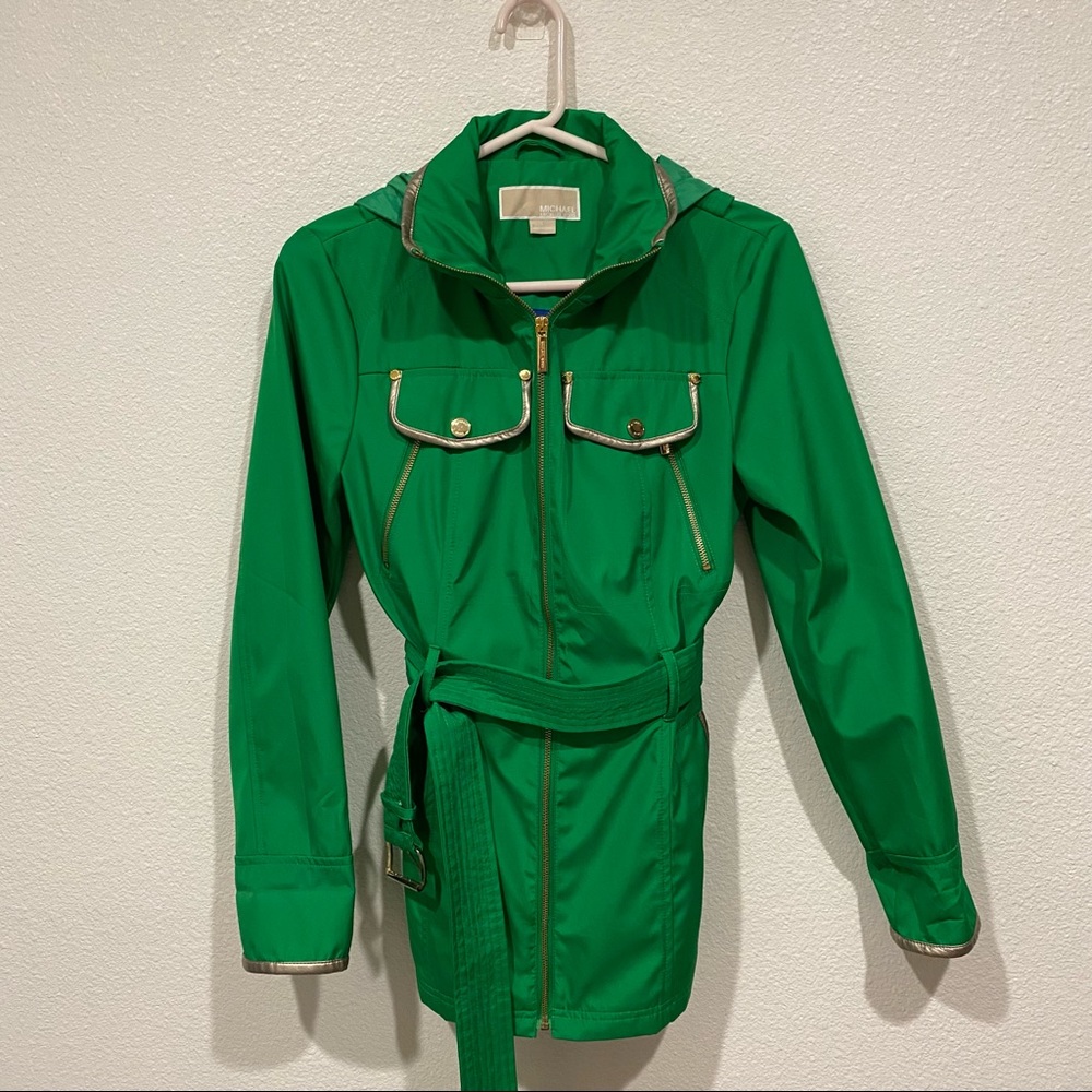 michael kors green belted hooded trench pea coat jacket overcoat outerwear